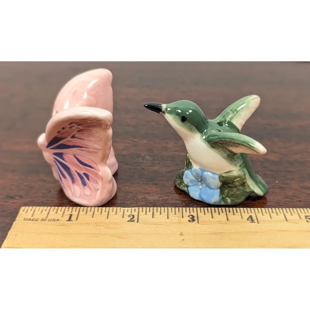 Hummingbird Butterfly Ceramic Salt Pepper Shakers Pink Green Floral Figurines